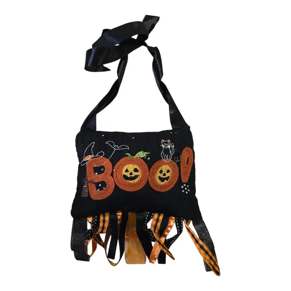 Halloween BOO Embroidered Pumpkin Pillow Holiday Door Hanger Witch Cat Pumpkin